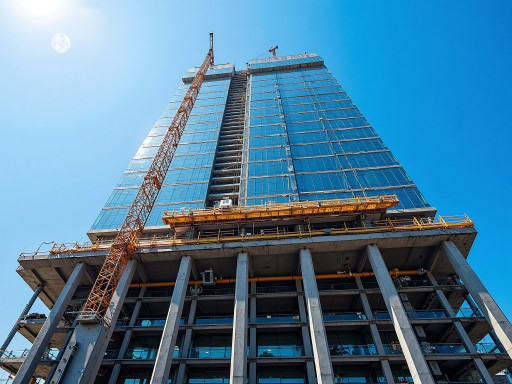 Professional glazing team installing large glass panels on building exterior, modern construction site with safety equipment, bright natural lighting