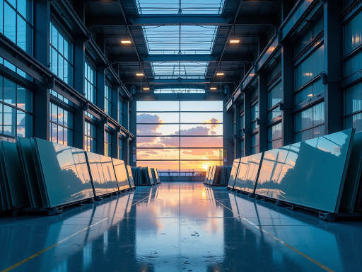 Large industrial facility with glass administrative section, manufacturing plant exterior, industrial architecture