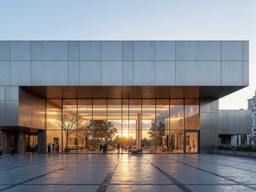 Modern shopping mall with large glass entrance and storefronts, commercial retail environment, contemporary architecture